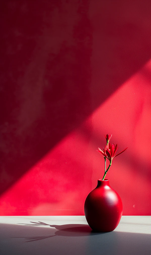 Red Vase with Flowers Minimalist Composition