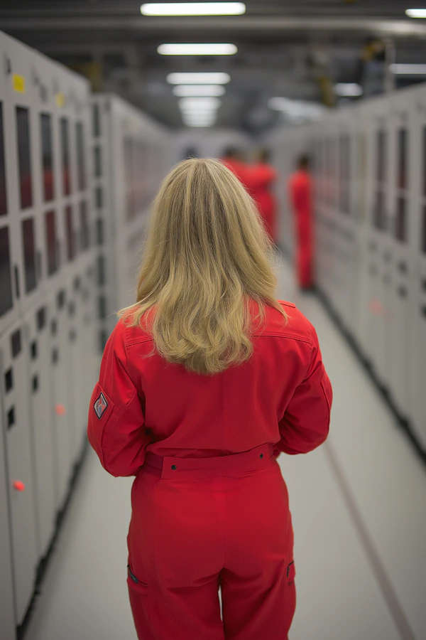 Person in Red Jumpsuit in Technical Corridor