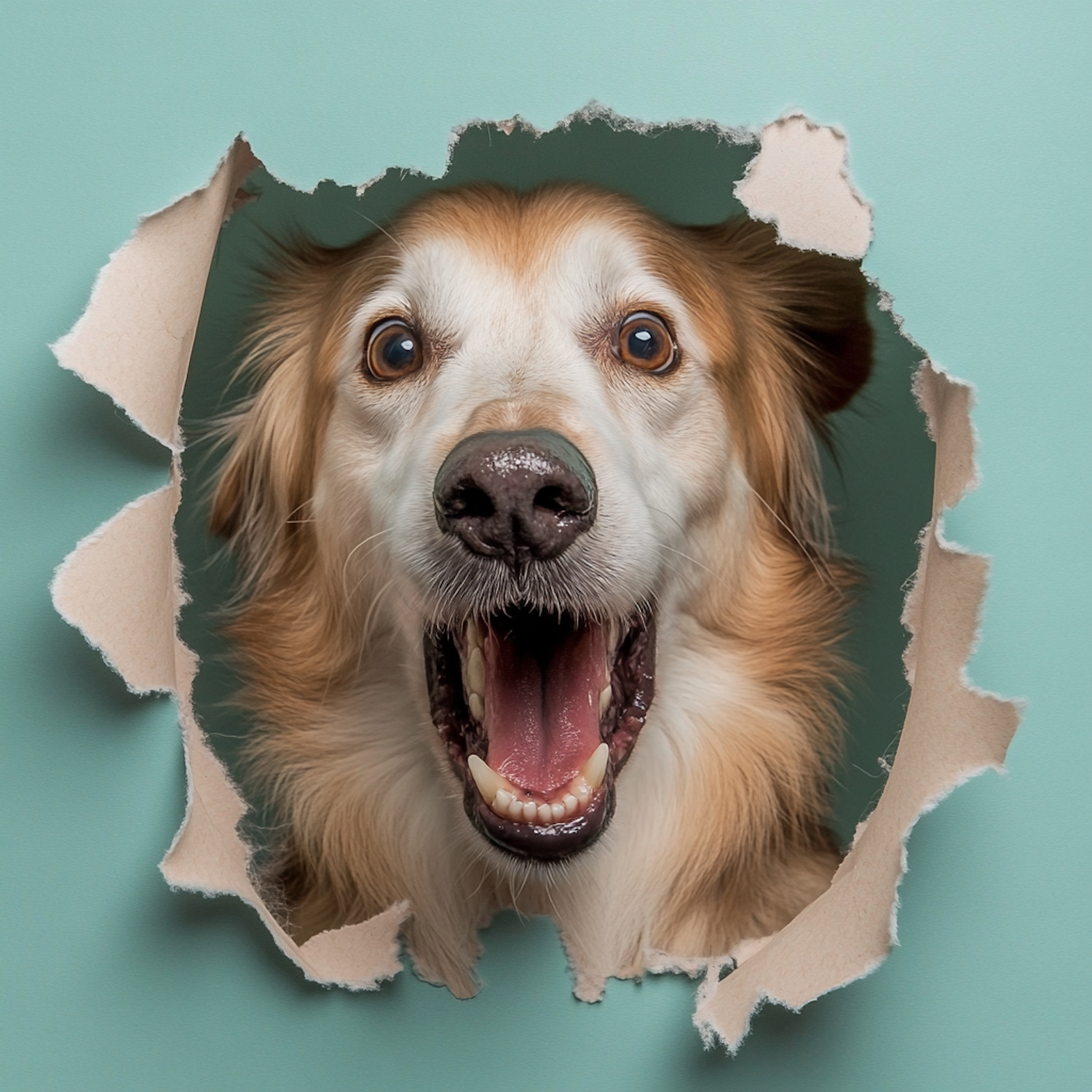 Joyful Dog Through Torn Paper