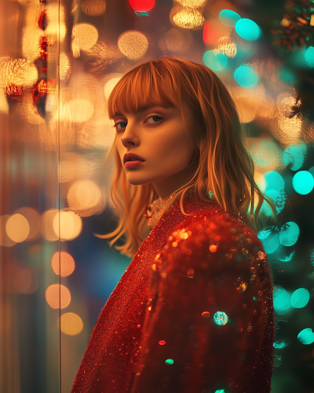 Contemplative Woman in Red Sequin Jacket