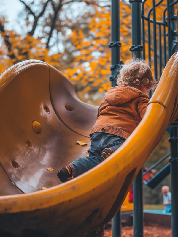 Child Playing on Yellow Slide in Autumn