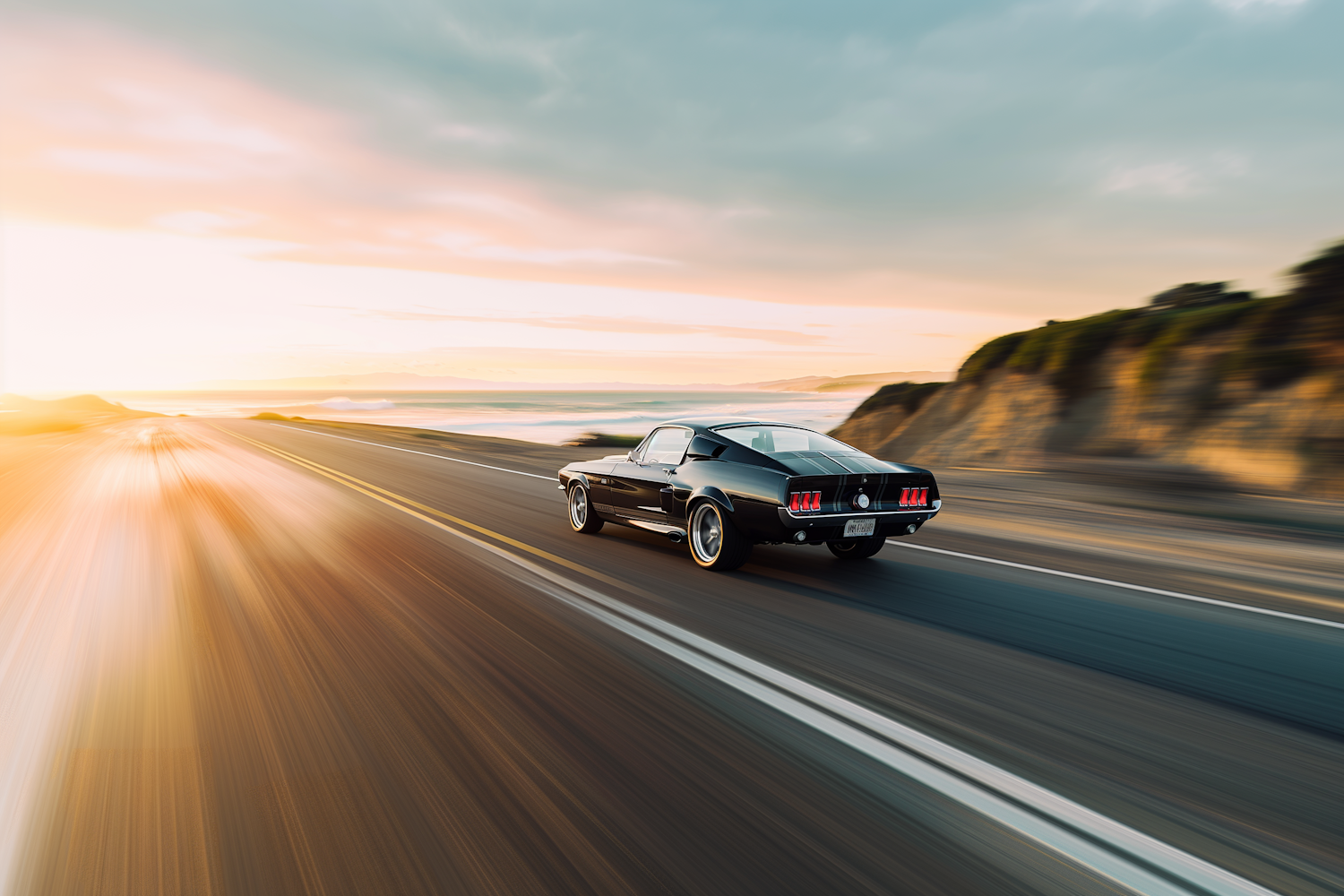 Classic Ford Mustang in Motion at Sunset