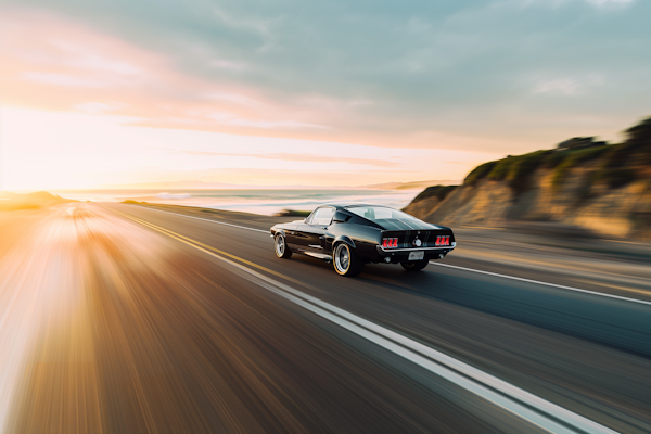 Classic Ford Mustang in Motion at Sunset