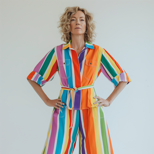 Confident Woman in Rainbow-striped Jumpsuit