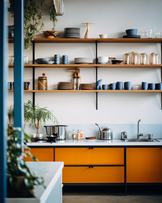 Contemporary Wood and Orange Kitchen with Open Shelving