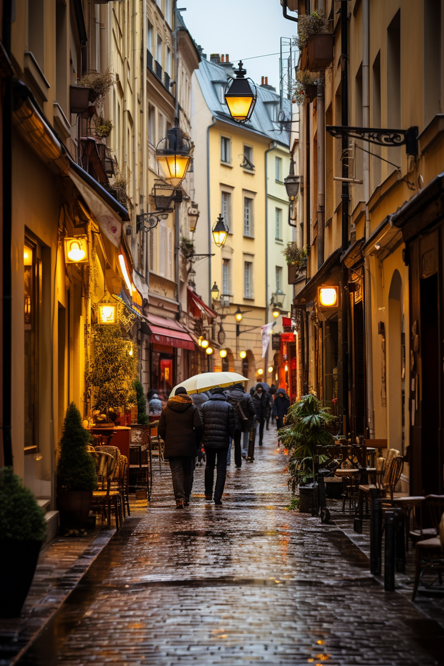 Rainy Evening on a Cobblestone Lane