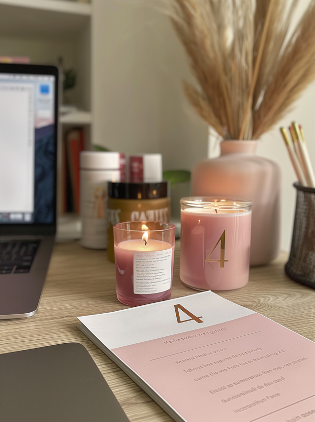 Serene Workspace with Candles and Pampas Grass