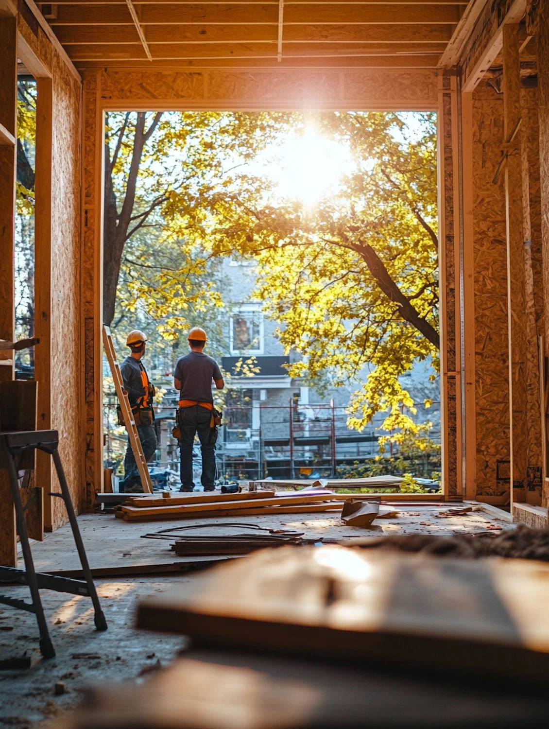 Framing crews working inside a sunlit building frame on a residential job site
