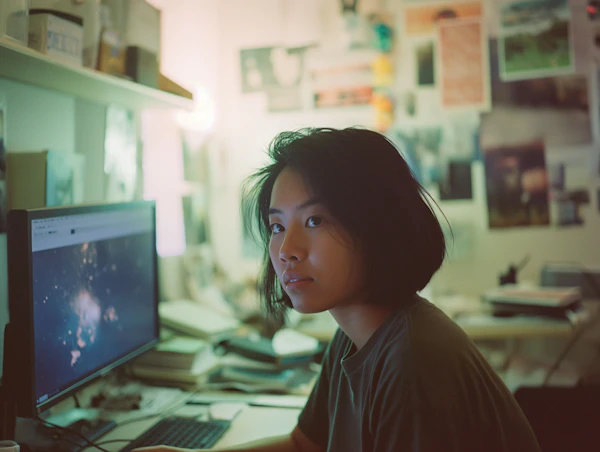 Contemplative Young Woman in Creative Workspace