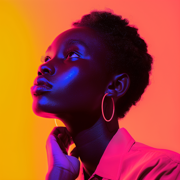 Contemplative Woman in Blue and Orange Light