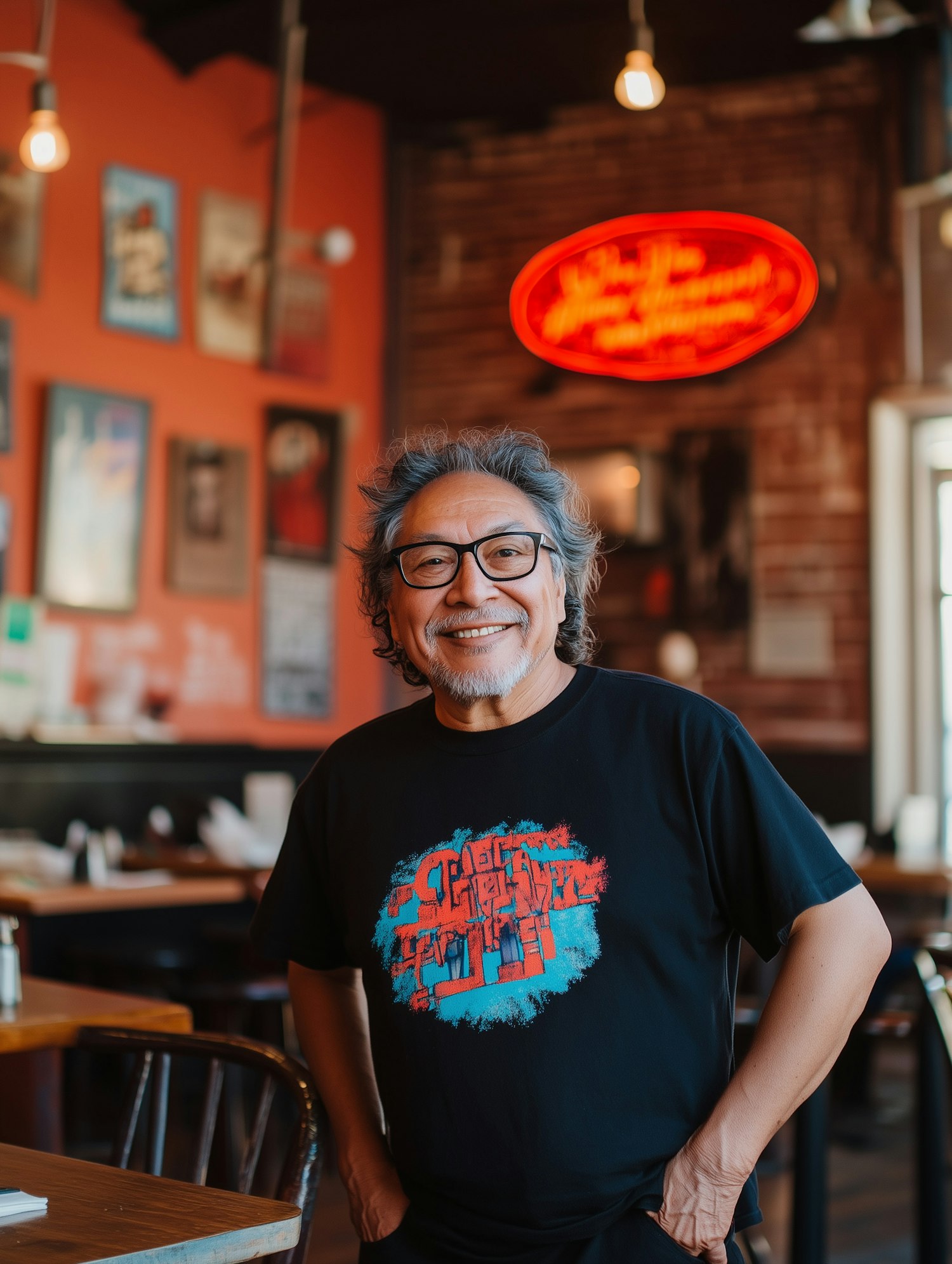 Cheerful Middle-Aged Man in Colorful Restaurant