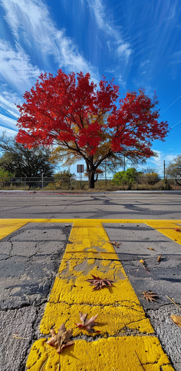 Vibrant Autumnal Road and Red Tree