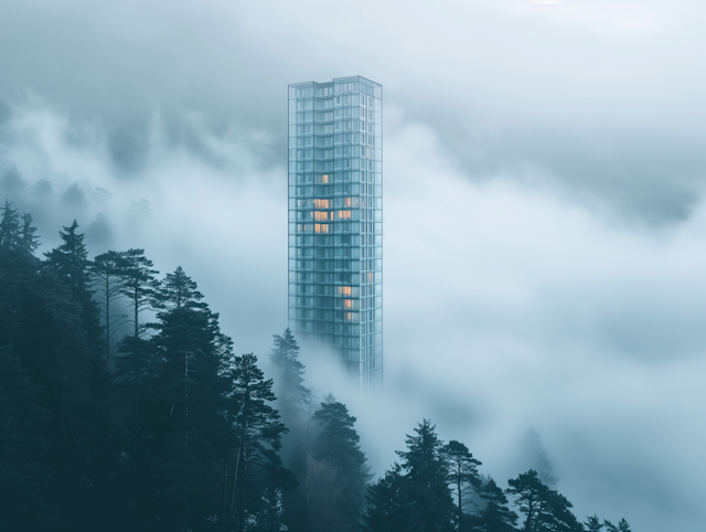 Misty Forest Skyscraper Fusion