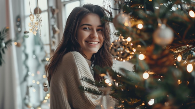 Young Woman with Christmas Decorations