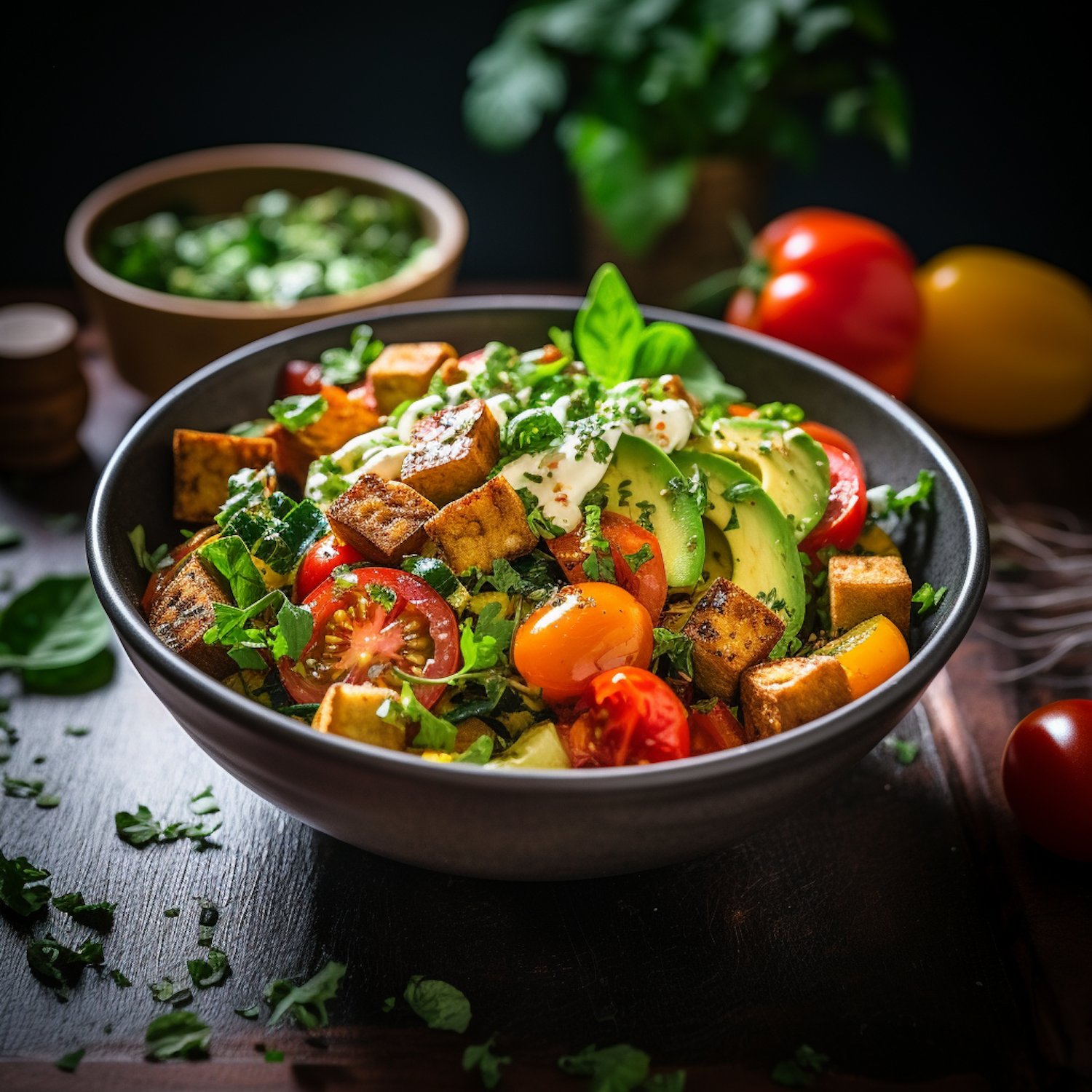 Fresh Greens and Avocado Salad with Herbed Croutons