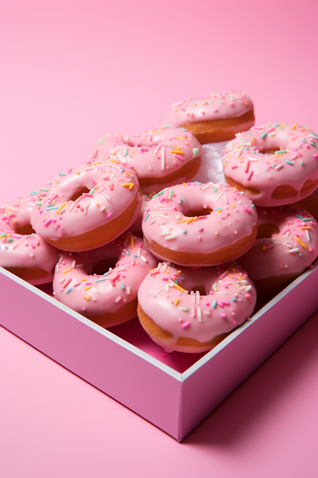 Glossy Pink Iced Doughnuts with Colorful Sprinkles