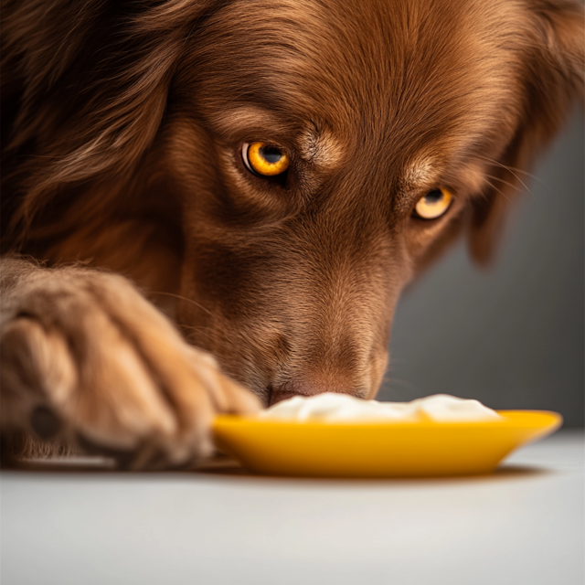 Inquisitive Dog with Yellow Plate