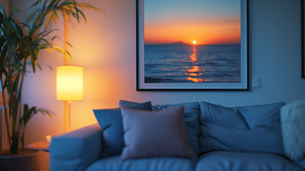 Cozy Evening Living Room with Beach Painting