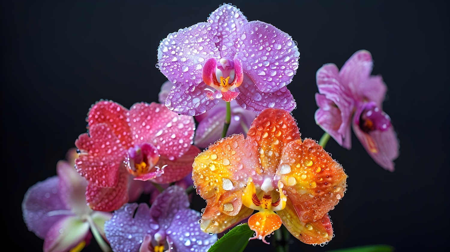 Vibrant Orchids with Water Droplets