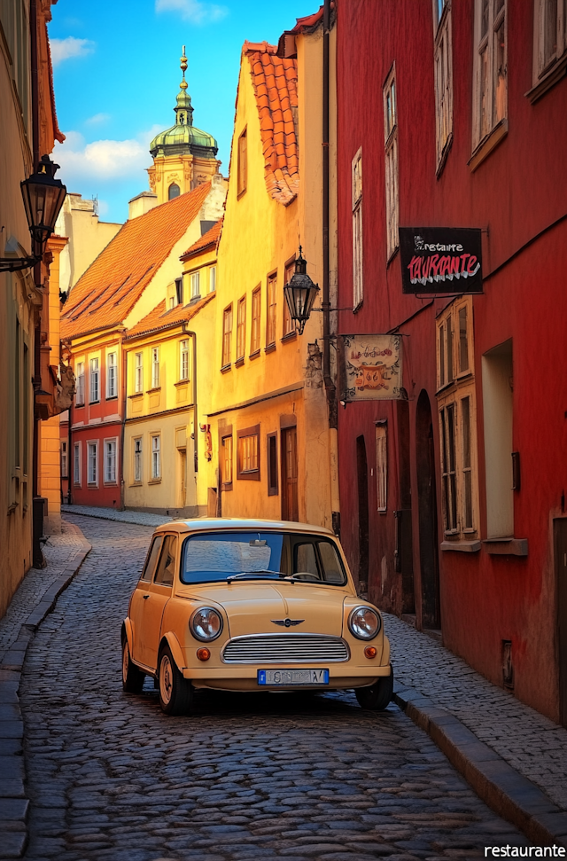 Vintage Mini Cooper on a European Street