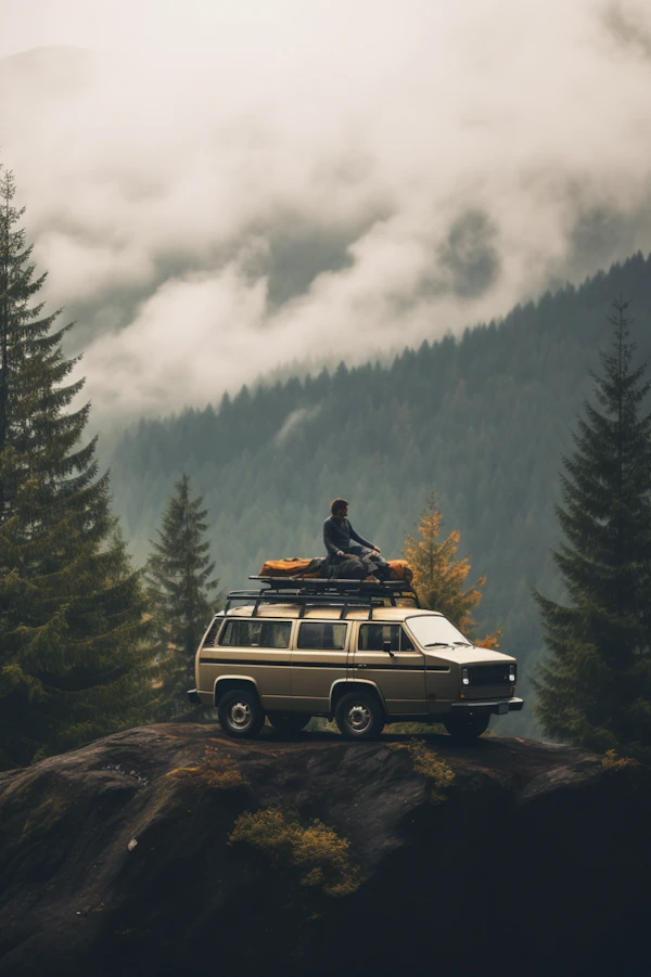 Misty Morning Contemplation atop a Vintage Station Wagon