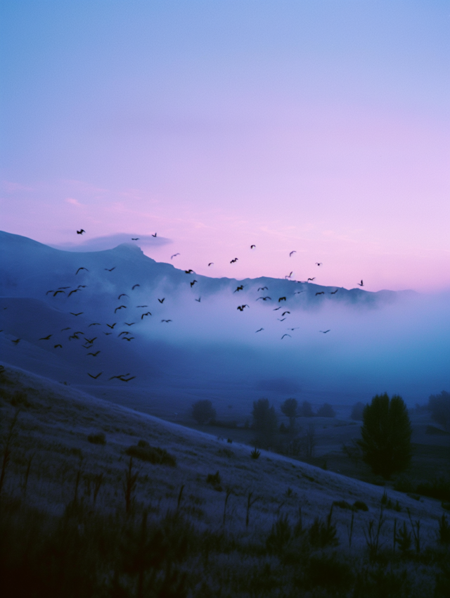 Serene Dawn/Dusk Landscape with Birds in Flight