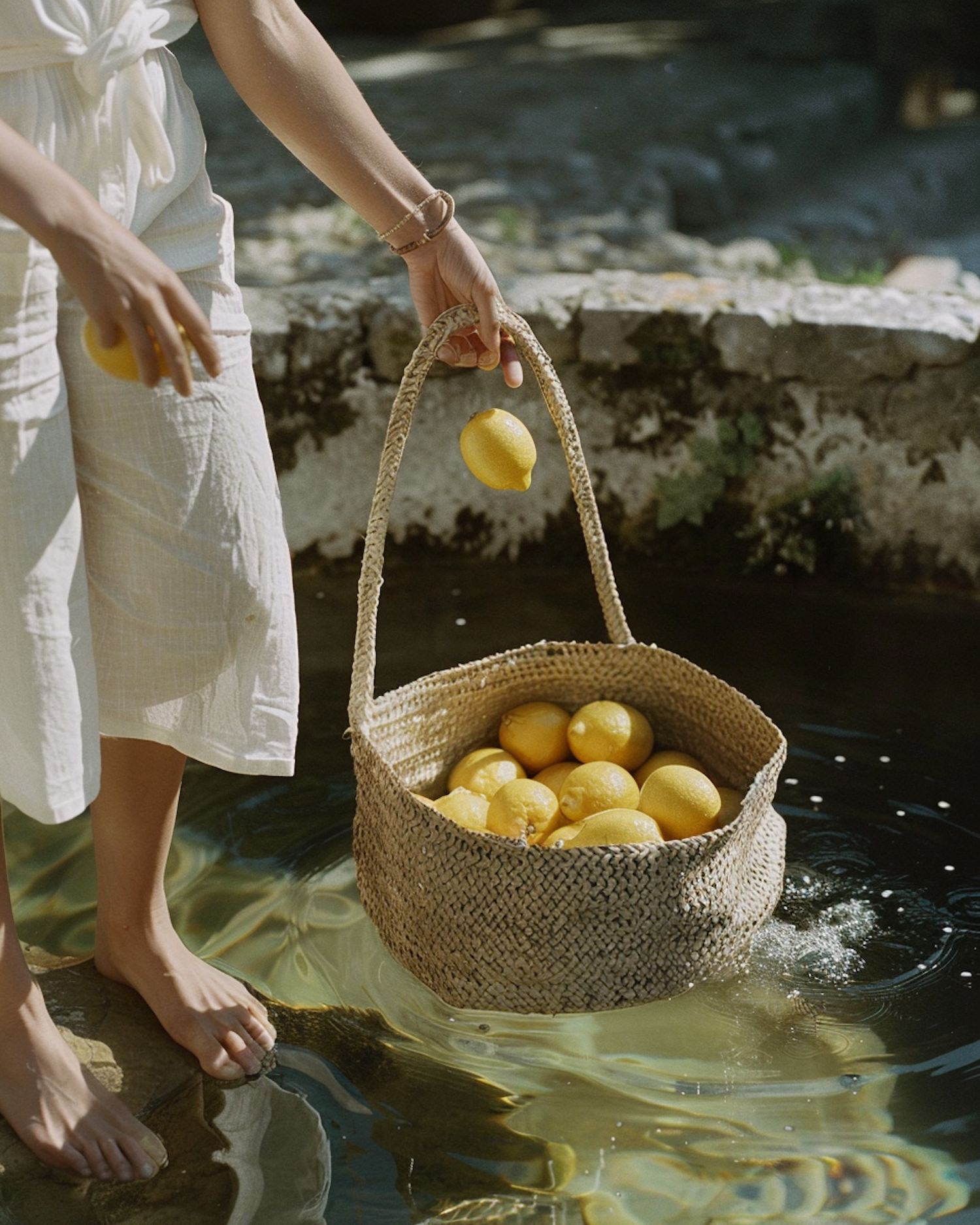 Rustic Elegance: Woman Placing Lemons in Basket