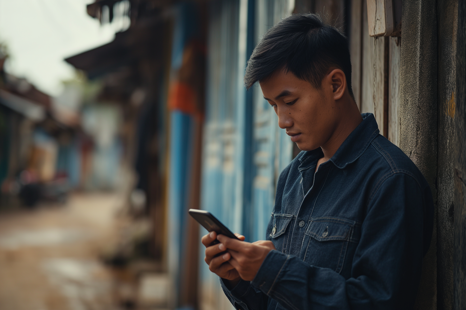 Urban Serenity: Denim-Clad Youth Engrossed in His Smartphone