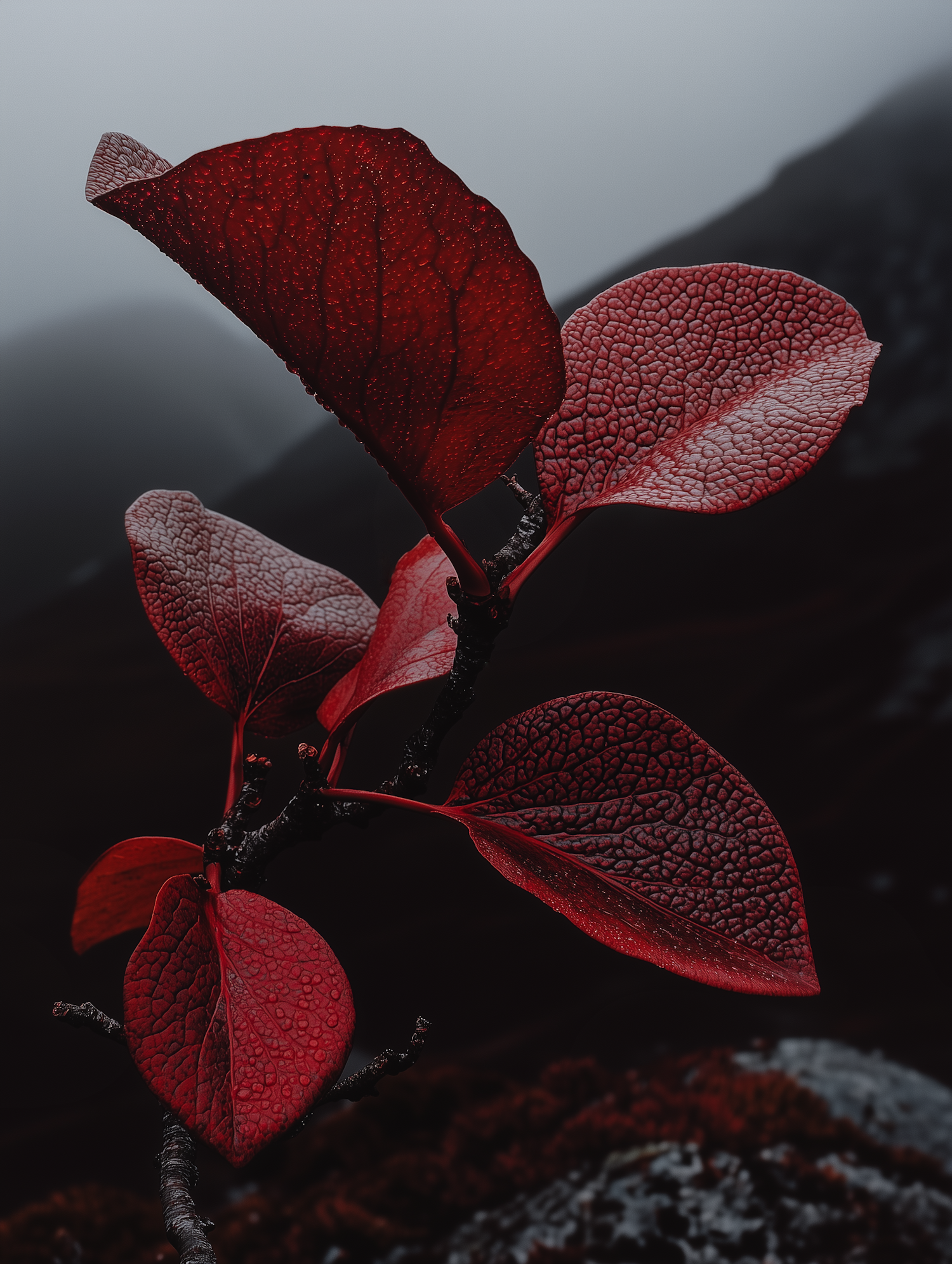 Close-up of Red Leaves with Dew