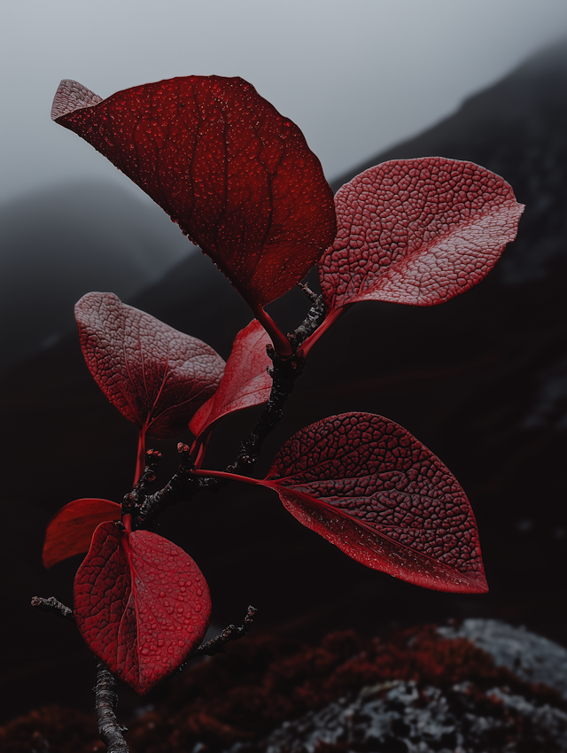 Close-up of Red Leaves with Dew