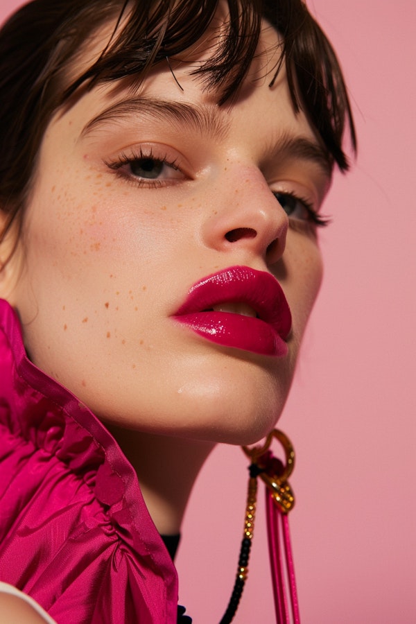 Intimate Portrait of a Young Woman with Glossy Magenta Lips