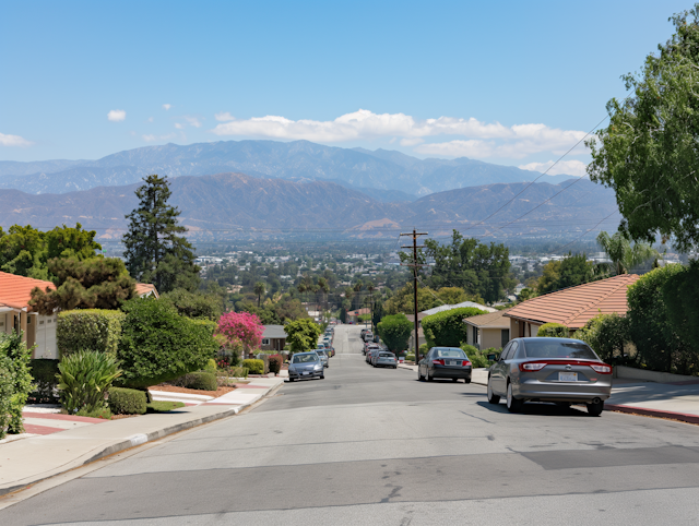 Serene Suburban Street with Mountain Backdrop