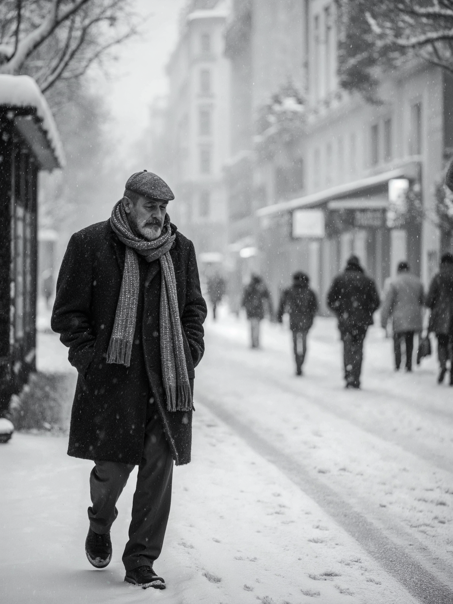 Man Walking in Snowy City