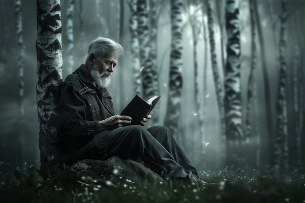 Elderly Man Reading in Misty Birch Forest