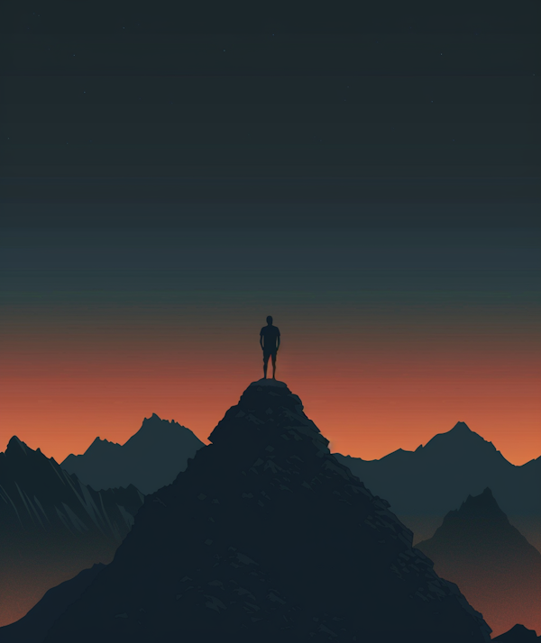 Solitary Figure on Mountain Peak at Twilight