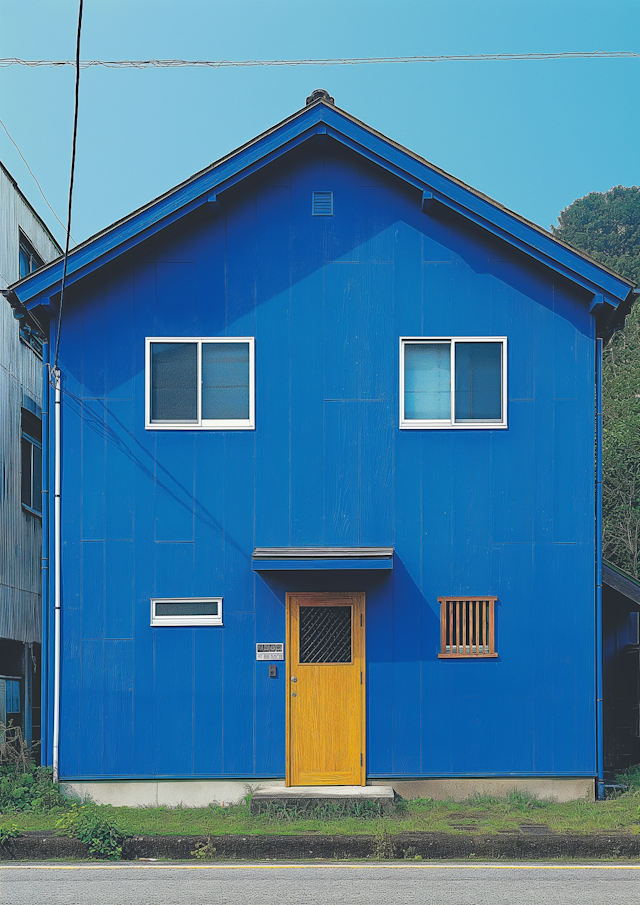 Vivid Blue Two-Story House with Yellow Door