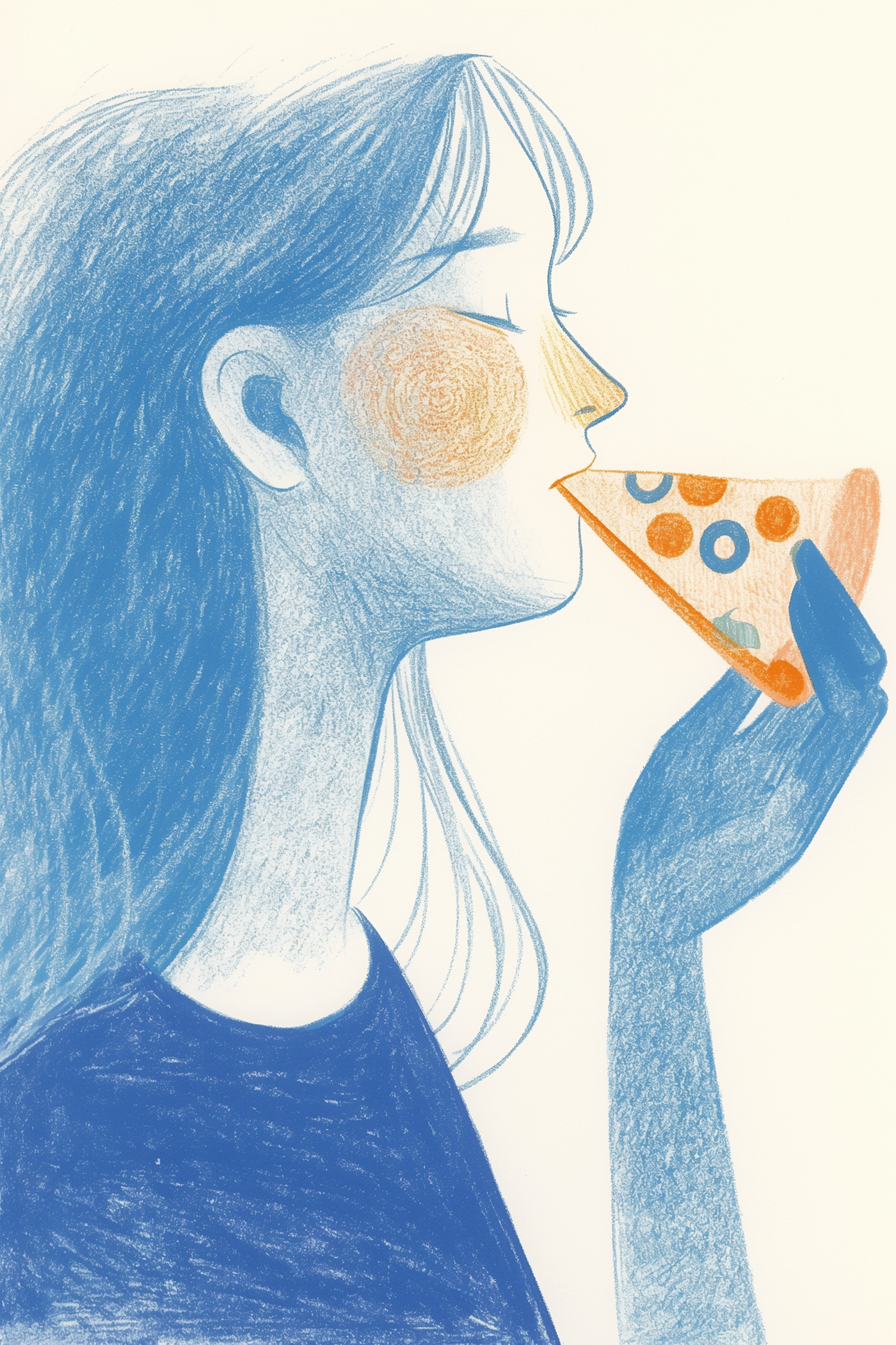 Stylized Illustration of Woman Eating Pizza