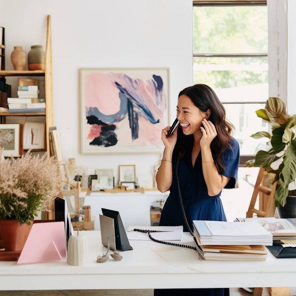 Joyful Asian Businesswoman in a Creative Workspace