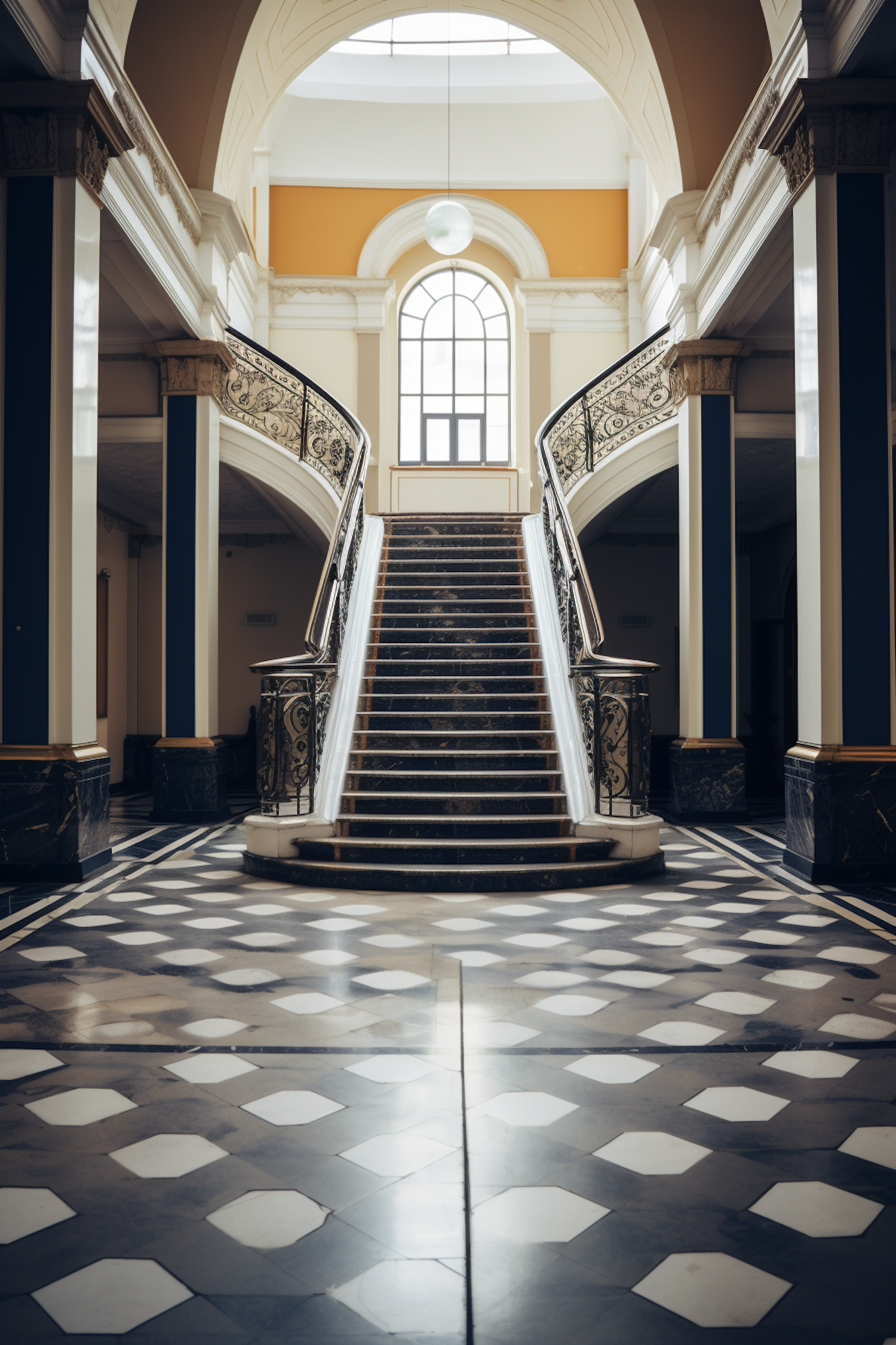 Grandeur Central Staircase with Iron Balustrades and Geometric Flooring