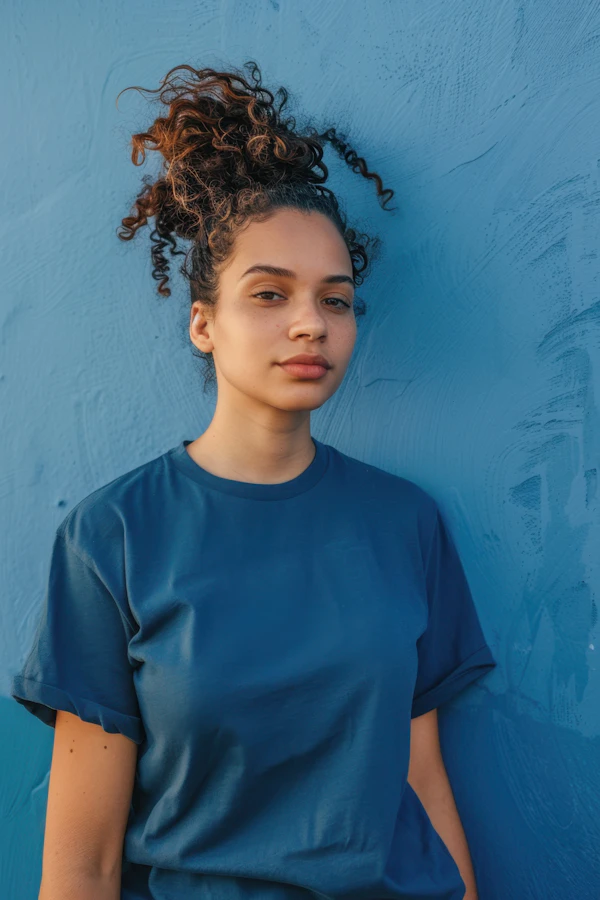 Young Woman Against Blue Wall