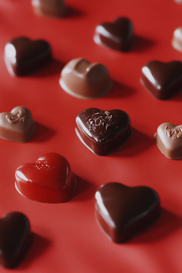 Heart-Shaped Chocolates on Red Surface