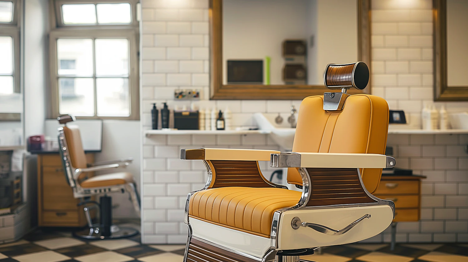 A mustard-yellow leather barber chair waiting in a classic barbershop with white subway tiles and a checkered floor