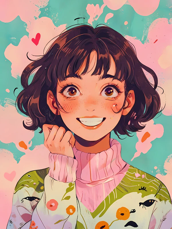 Joyful Woman with Floral Sweater