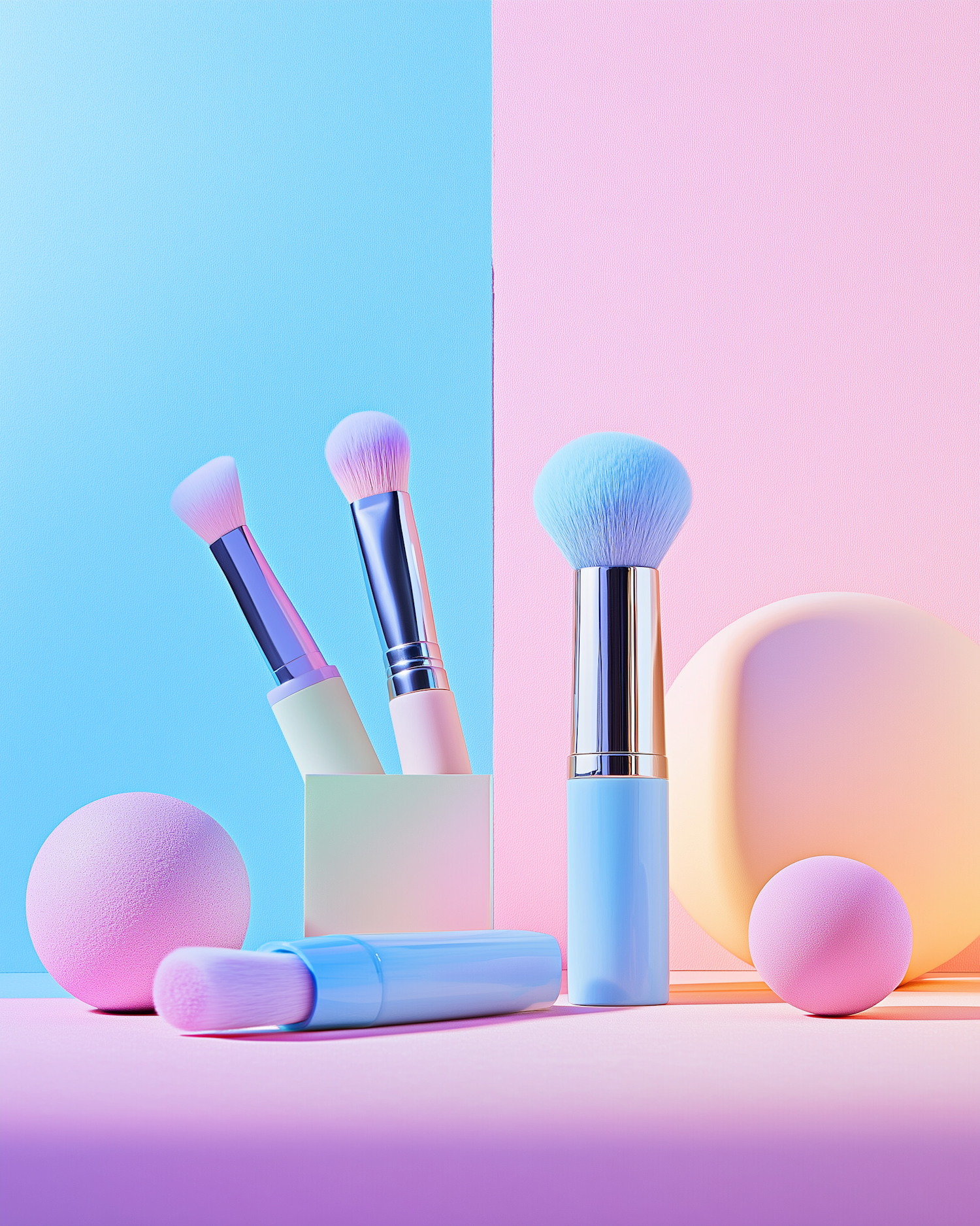 Makeup Brushes and Sponges on Pastel Background