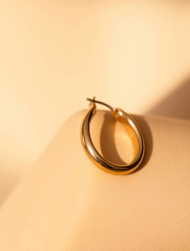 Gold Hoop Earring on Beige Surface