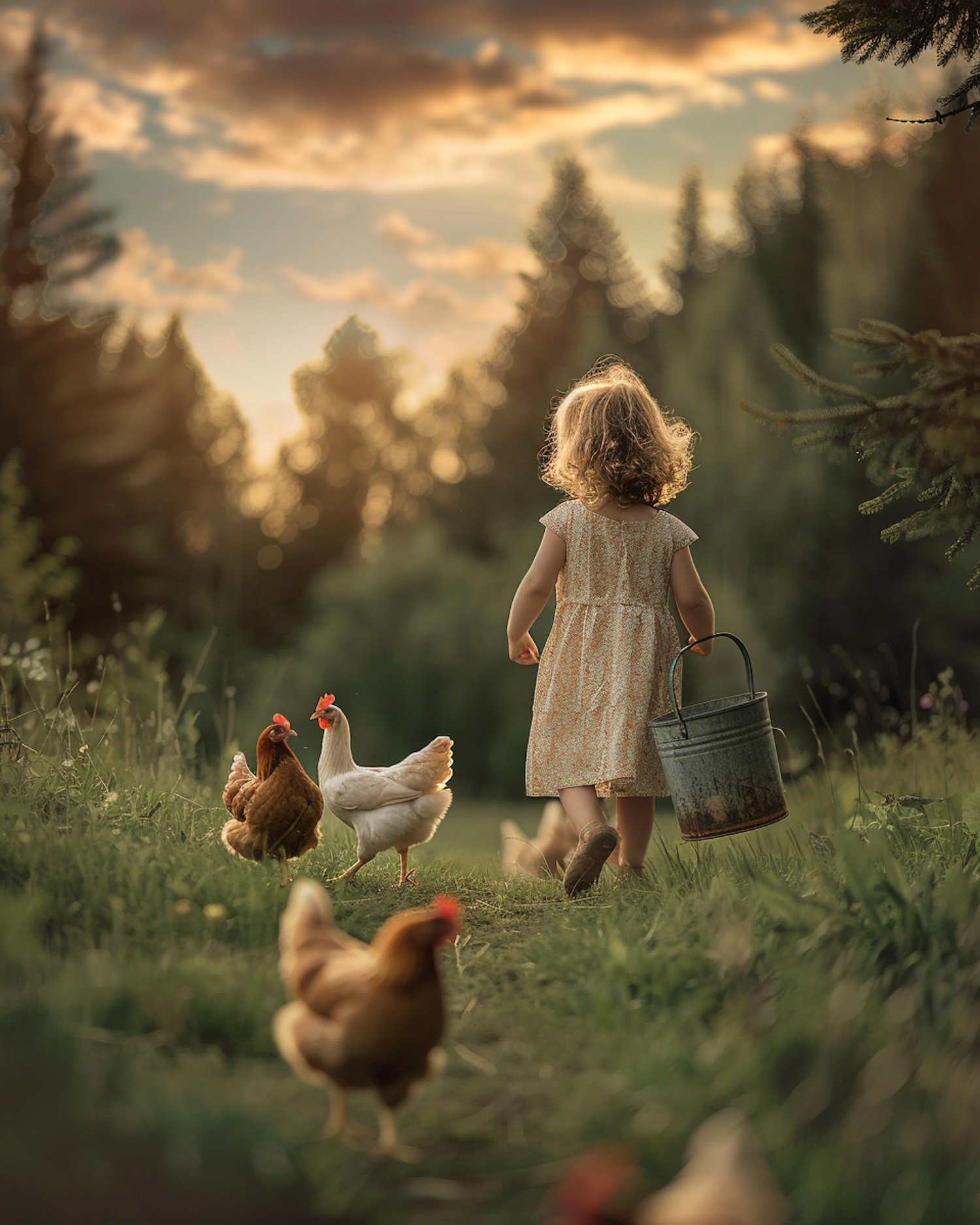 Girl Walking With Chickens at Sunset