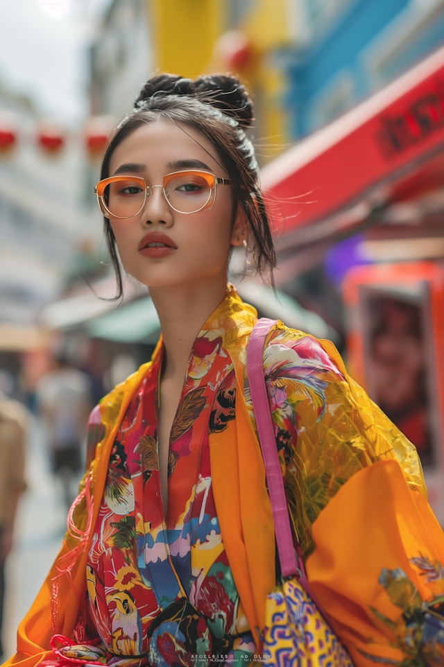 Serene Woman in Vibrant Kimono