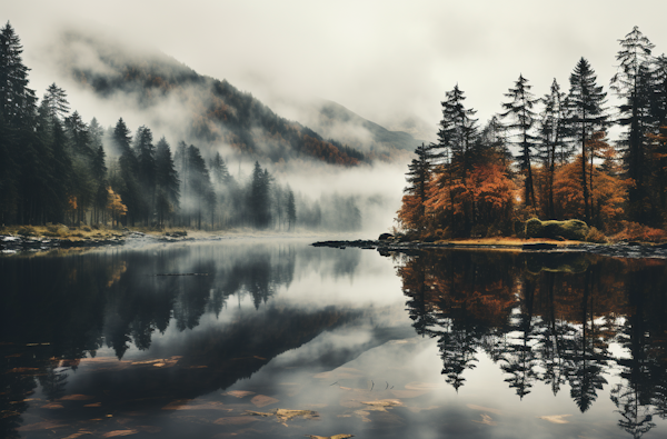 Autumn Reflections in Misty Forest Lake