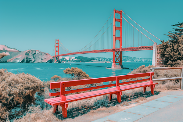 Red Bench and Suspension Bridge Landscape