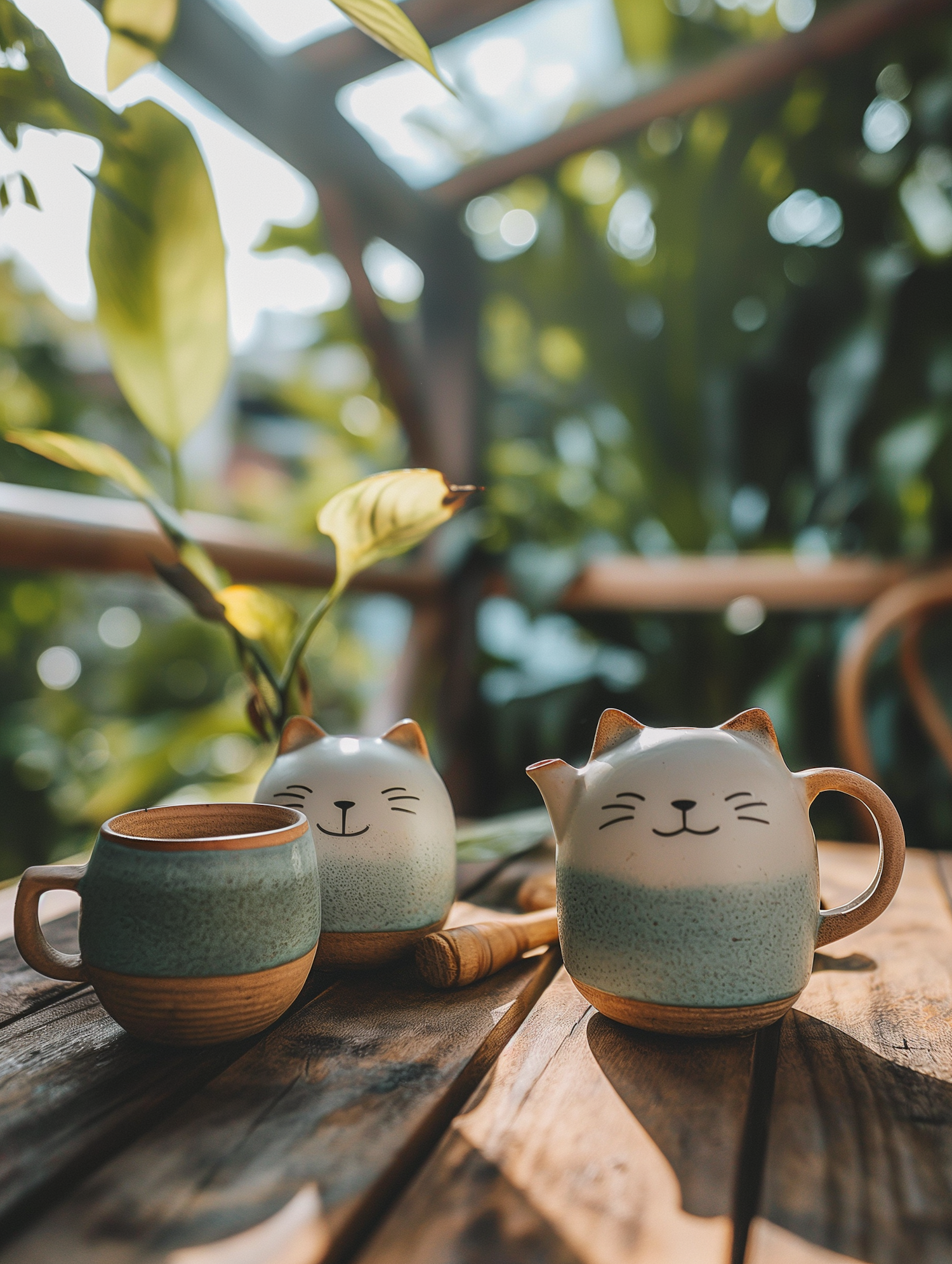 Cat-Faced Ceramic Cups in Garden